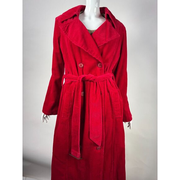 Vintage Newport News Red Corduroy Belted Trench Coat With Leopard Print Lining S - Picture 2 of 16